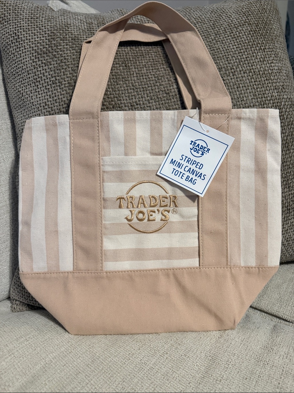 NWT Trader Joe's Striped Mini Canvas Tote Bag in Blush & Cream